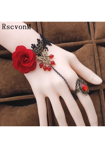 Dantel Bileklik Kırmızı Gül Çiçeği Tasarımı Kristalli Bilezik Yüzük Seti (Yurt Dışından)