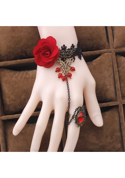 Dantel Bileklik Kırmızı Gül Çiçeği Tasarımı Kristalli Bilezik Yüzük Seti (Yurt Dışından) fiyatları