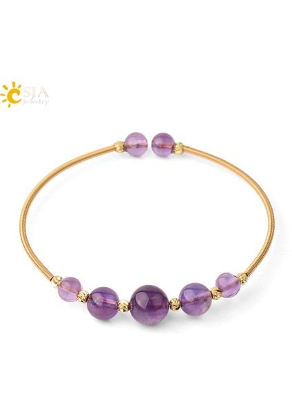 Ametist Csja Doğal Kristal Bilezikler Tel Sarma Yuvarlak Taş Antik Altın Renkli Kolluk Bilezik Kadınlar Kızlar Trend Takı Pulsera G564 (Yurt Dışından)
