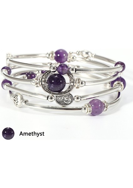 Ametist Kadınlar Için 4 Katmanlı Vintage Boho Doğal Taş Bilezikler Bakır Tüp Sarma Kristal Lava Taş Boncuk Bileklik Femme Takı (Yurt Dışından)