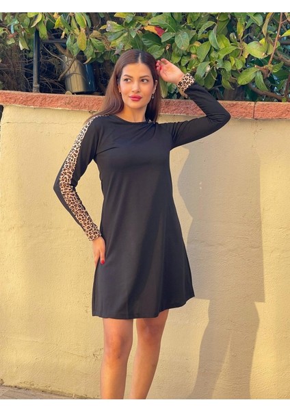AYDOGANTICARET44 Kadın Uzun Kollu Bisiklet Yaka Kollar Leopar Detay Iki Iplik Mini Boy Elbise