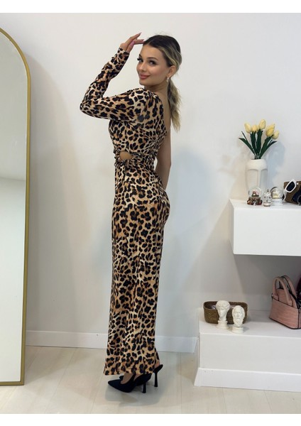 AYDOGANTICARET44 Kadın Dalgıç Kumaş Leopar Baskılı Yan Dekolte Detaylı Elbise