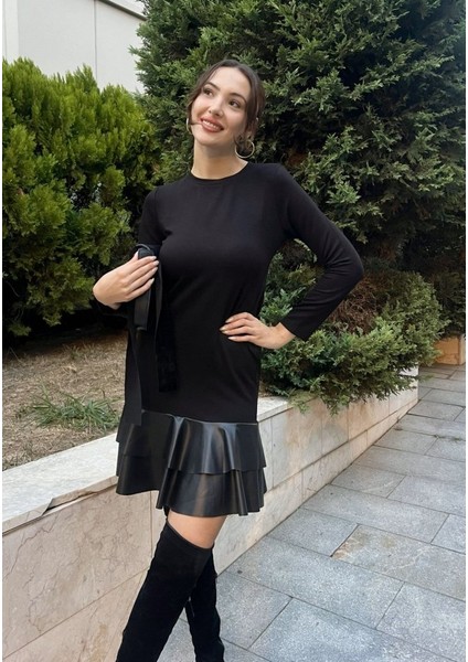 AYDOGANTICARET44 Kadın Uzun Kollu Bisiklet Yaka Üst Viskon Etek Ucu Deri Kısa Elbise indirimleri