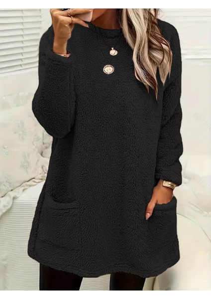 AYDOGANTICARET44 Kadın Uzun Kollu Yuvarlak Yakalı Cepli Peluş Bluz