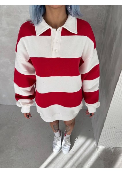 AYDOGANTICARET44 Unisex Üç Iplik Parçalı Yakalı Sweatshirt - Kırmızı