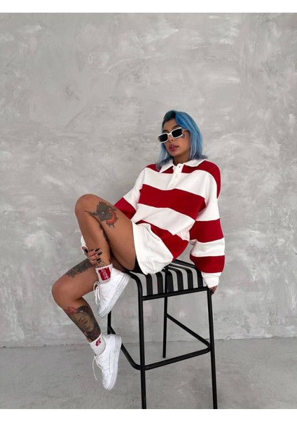 AYDOGANTICARET44 Unisex Üç Iplik Parçalı Yakalı Sweatshirt - Kırmızı fırsatları