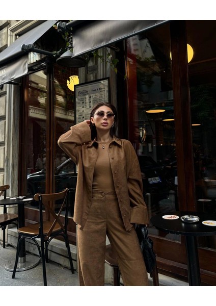 AYDOGANTICARET44 Süet Gömlek Palazzo Pantolon Ikili Takım - Kahve