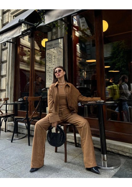 AYDOGANTICARET44 Süet Gömlek Palazzo Pantolon Ikili Takım - Kahve