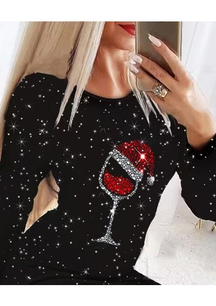 AYDOGANTICARET44 Kadın Uzun Kollu Taş Kadeh Baskı Mikro Mini Boy Elbise