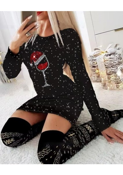 AYDOGANTICARET44 Kadın Uzun Kollu Taş Kadeh Baskı Mikro Mini Boy Elbise