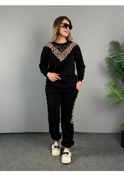 AYDOGANTICARET44 Kadın Üç Iplik Kumaş Leopar Desenli Dantel Detaylı Ikili Takım modelleri