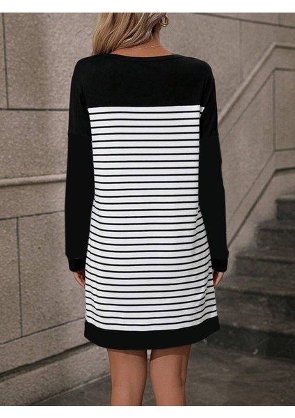 AYDOGANTICARET44 Kadın Bisiklet Yaka Uzun Kol Çizgili Iki Iplik Kumaş Mini Boy Elbise indirimleri
