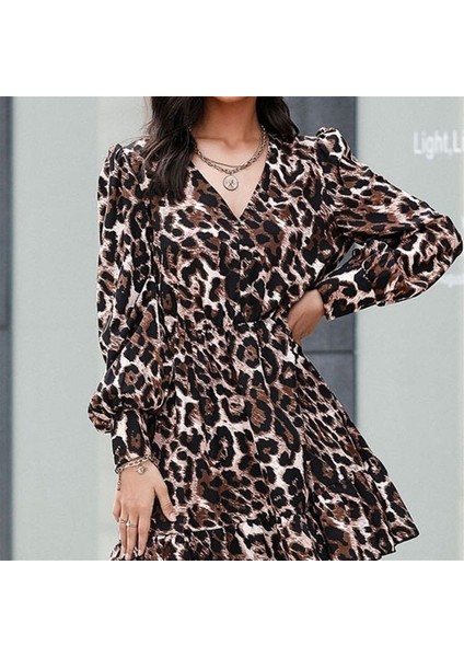 AYDOGANTICARET44 Kadın Uzun Kollu Beli Lastikli Etek Ucu Volanlı Leopar Desen Krep Elbise modelleri