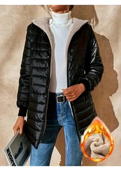 AYDOGANTICARET44 Kadın Uzun Kollu Kapşonlu Cep Detaylı Fermuarlı Orta Boy Mont
