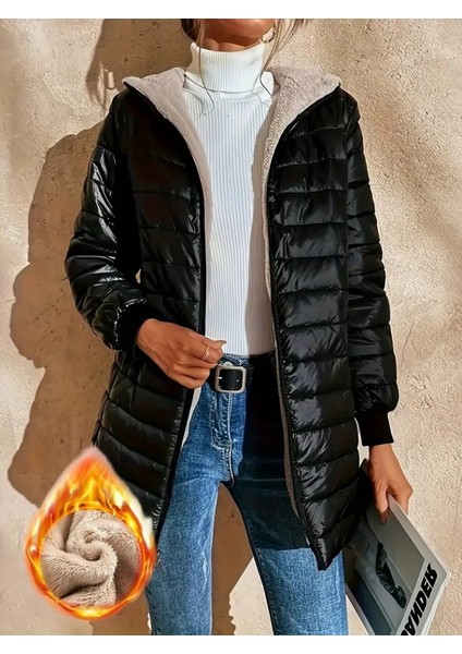 AYDOGANTICARET44 Kadın Uzun Kollu Kapşonlu Cep Detaylı Fermuarlı Orta Boy Mont