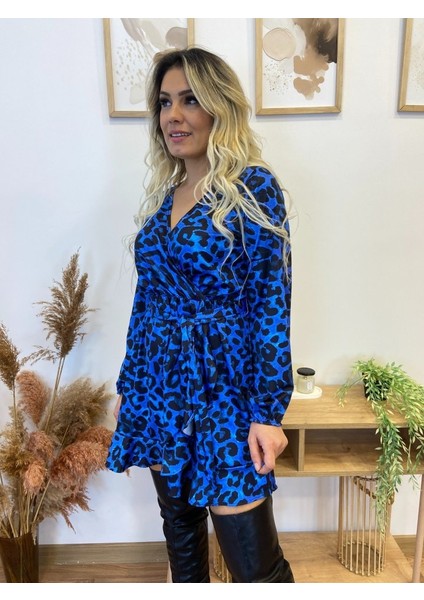 AYDOGANTICARET44 Kadın Uzun Kollu Kruvaze Yaka Belden Kuşaklı Leopar Desenli Dalgıç Elbise
