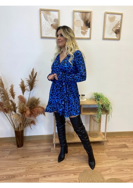 AYDOGANTICARET44 Kadın Uzun Kollu Kruvaze Yaka Belden Kuşaklı Leopar Desenli Dalgıç Elbise