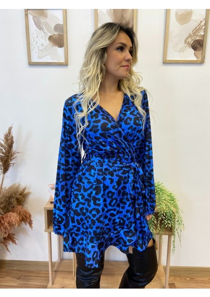 AYDOGANTICARET44 Kadın Uzun Kollu Kruvaze Yaka Belden Kuşaklı Leopar Desenli Dalgıç Elbise