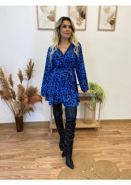 AYDOGANTICARET44 Kadın Uzun Kollu Kruvaze Yaka Belden Kuşaklı Leopar Desenli Dalgıç Elbise