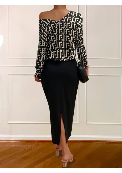 AYDOGANTICARET44 Kadın Uzun Kollu Askılı Yuvarlak Yakalı Yırtmaçlı Dalgıç Elbise ile Yakalı Yunan Desenli Bluz Ikili Takım fiyatları