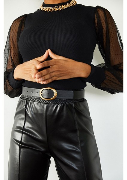 AYDOGANTICARET44 Kadın Siyah Kolu Tül Detaylı Yarım Balıkçı Kaşkorse Bluz fiyatları