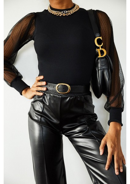 AYDOGANTICARET44 Kadın Siyah Kolu Tül Detaylı Yarım Balıkçı Kaşkorse Bluz modelleri