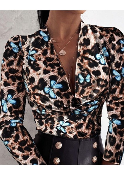 AYDOGANTICARET44 Kadın Uzun Kollu Kruvaze Yakalı Kelebek Desenli Şardonlu Dalgıç Bluz