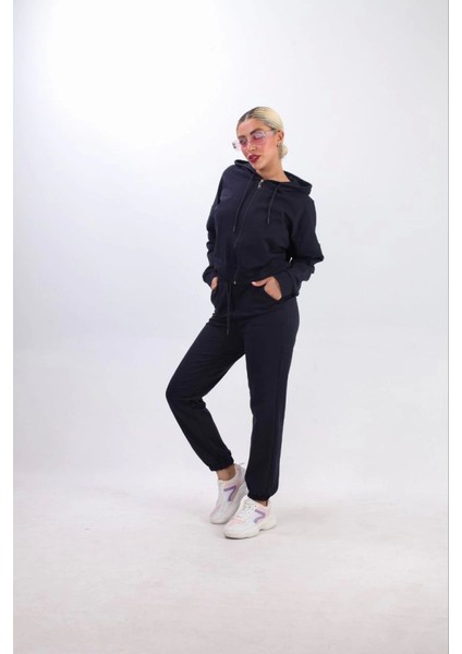 AYDOGANTICARET44 Iki Iplik Kapüşonlu Fermuarlı Crop Oversize Hırka Takım- Lacivert