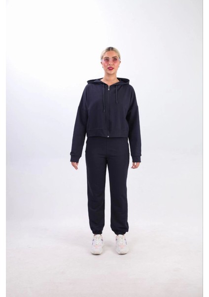 AYDOGANTICARET44 Iki Iplik Kapüşonlu Fermuarlı Crop Oversize Hırka Takım- Lacivert