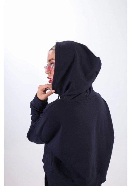 AYDOGANTICARET44 Iki Iplik Kapüşonlu Fermuarlı Crop Oversize Hırka Takım- Lacivert