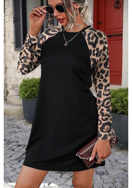AYDOGANTICARET44 Kadın Uzun Kollu Bisiklet Yaka Kollar Leopar Detay Krep Mini Boy Elbise modelleri