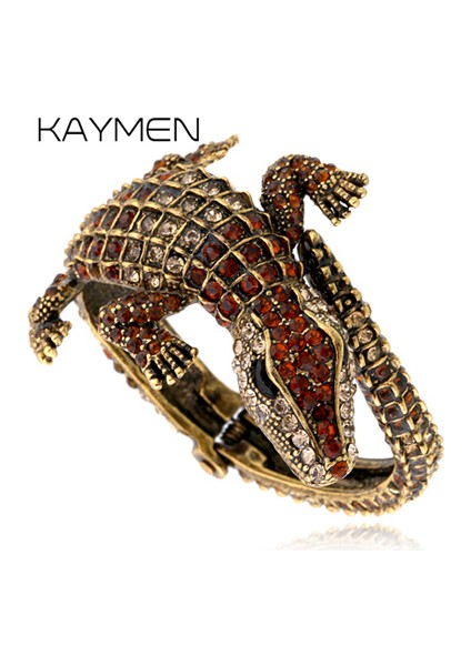 Kahve Yeni Moda Hayvan Stili Vintage Timsah Bileziği Antik Altın Kaplama Tam Taşlı Kolluk Bilezik Mücevher 4 Renk (Yurt Dışından)