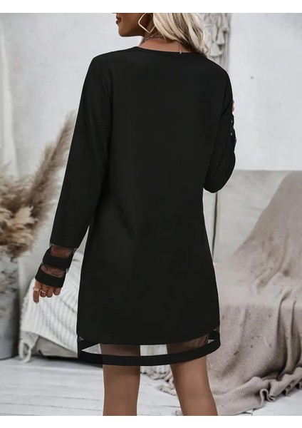 AYDOGANTICARET44 Kadın Uzun Kollu V Yakalı Şeritli Tül Detaylı Ithal Krep Elbise fırsatları