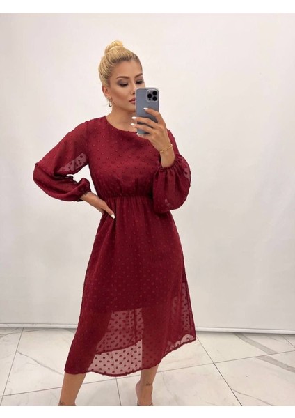 AYDOGANTICARET44 Kadın Uzun Kollu Astar Detay Fırsat Ürün Ponpon Şifon Elbise