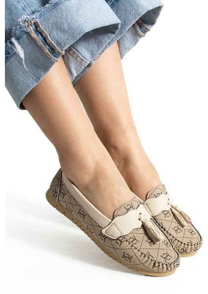 Kadın Babet Bej Desenli Günlük Püsküllü Hafif Rahat Ayakkabı