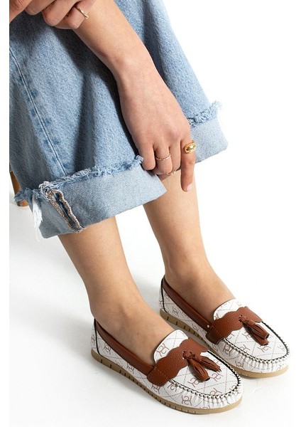 Kadın Babet Beyaz Desenli Günlük Püsküllü Hafif Rahat Ayakkabı