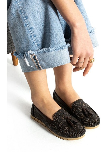 Kadın Babet Kahverengi Desenli Günlük Püsküllü Hafif Rahat Ayakkabı