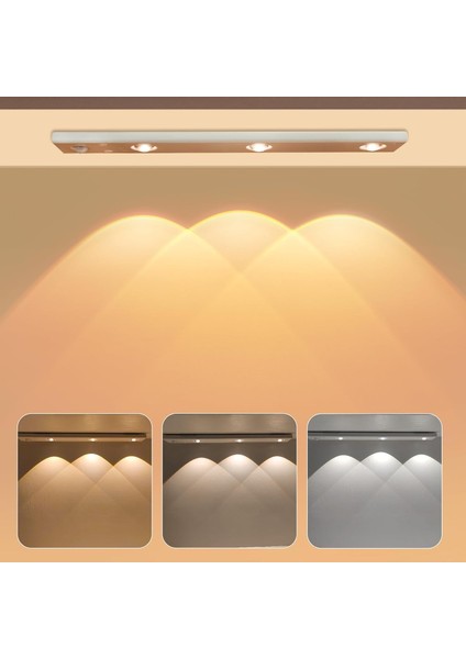 3 Led'li Şarjlı Dolap Altı Aydınlatma, Hareket Sensörlü, 3 Modlu, Yapışkanlı, Delme Gerektirmez, Slim Beyaz Kasa, Dekoratif, Kısılabilir Gece Lambası, Gardırop, Dolap, Merdiven Lambası 40 cm
