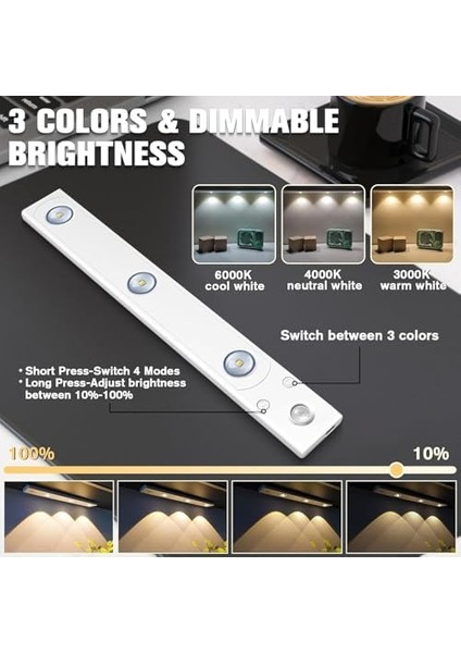 3 Led'li Şarjlı Dolap Altı Aydınlatma, Hareket Sensörlü, 3 Modlu, Yapışkanlı, Delme Gerektirmez, Slim Beyaz Kasa, Dekoratif, Kısılabilir Gece Lambası, Gardırop, Dolap, Merdiven Lambası 40 cm