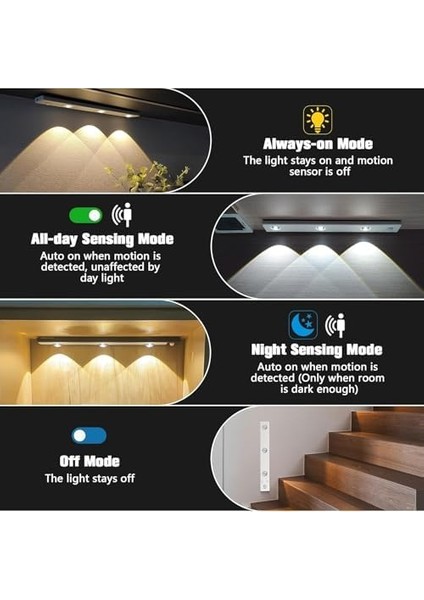 3 Led'li Şarjlı Dolap Altı Aydınlatma, Hareket Sensörlü, 3 Modlu, Yapışkanlı, Delme Gerektirmez, Slim Beyaz Kasa, Dekoratif, Kısılabilir Gece Lambası, Gardırop, Dolap, Merdiven Lambası 40 cm