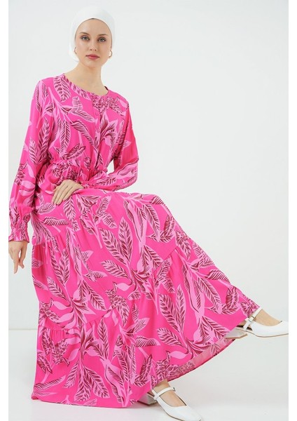 2145 Desenli Tesettür Elbise - Fuşya