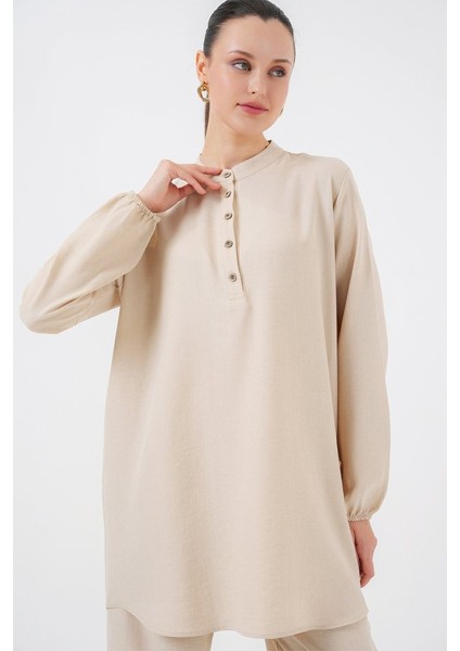 6678 Keten Tunik Pantolon Ikili Takım - Bej