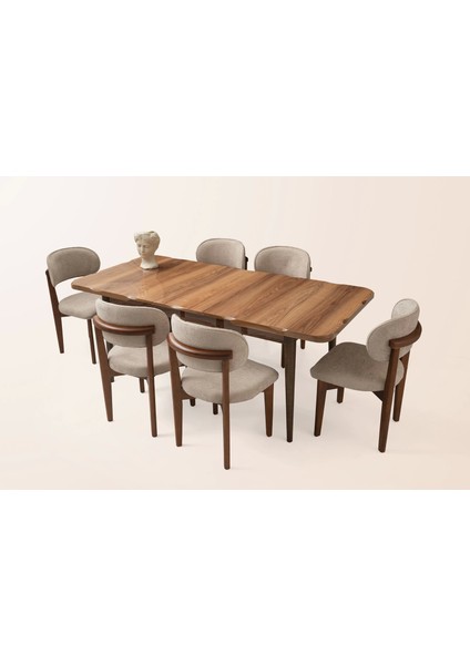 Ahşap Salon Yemek Masa Sandalye Takımı 6 Nergis Sandalyeli Ortadan Açılır Büyüyen Parlak Ceviz 90 x 160