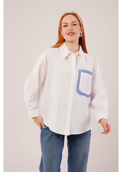 AYDOGANTICARET44 Çizgili Cep Detaylı Beyaz Gömlek