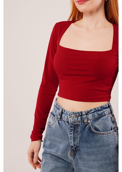 AYDOGANTICARET44 Kare Yaka Basic Bordo Bluz