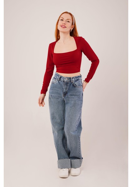 AYDOGANTICARET44 Kare Yaka Basic Bordo Bluz