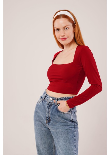 AYDOGANTICARET44 Kare Yaka Basic Bordo Bluz