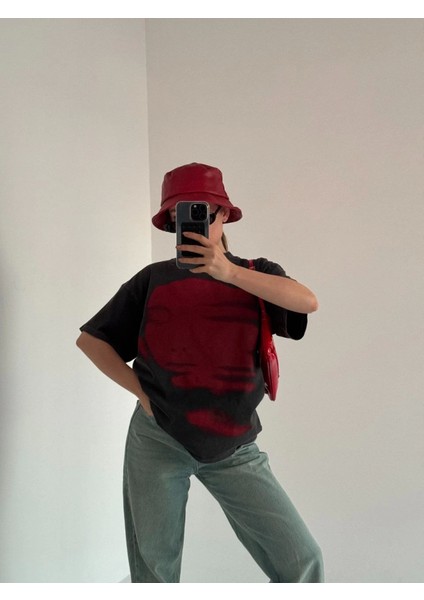 AYDOGANTICARET44 Bisiklet Yaka Yıkamalı Baskılı T-Shirt - Antrasit