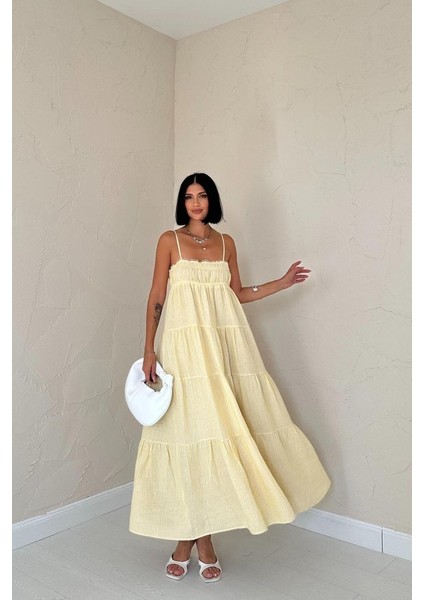 AYDOGANTICARET44 Sarı Askılı Parçalı Çizgili Müslin Elbise indirimleri