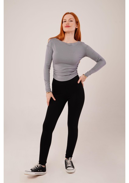 AYDOGANTICARET44 Yaka Detay Uzun Kollu Basic Gri Bluz